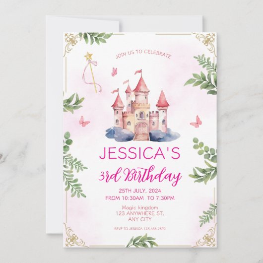 Invitation Pink Girly Princess Fairytale Girls Anniversaire d (Devant)