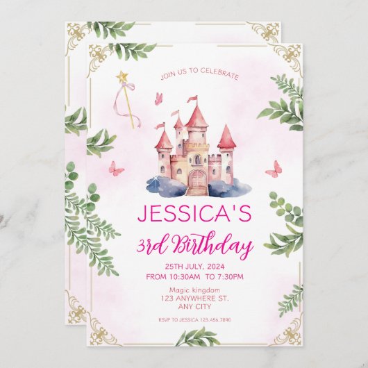 Invitation Pink Girly Princess Fairytale Girls Anniversaire d (Devant / Derrière)