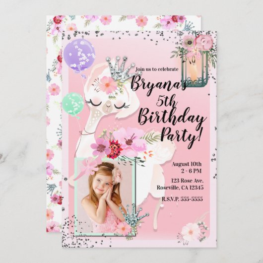 Invitation Pink Glam Diva Llama Princesse Anniversaire Photo (Devant / Derrière)