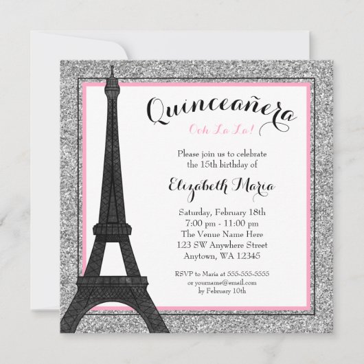 Invitation Pink Glam Paris Faux Parties scintillant en argent (Devant)