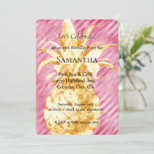 Invitation Pink Glam Stripes Or Anniversaire de l'ananas