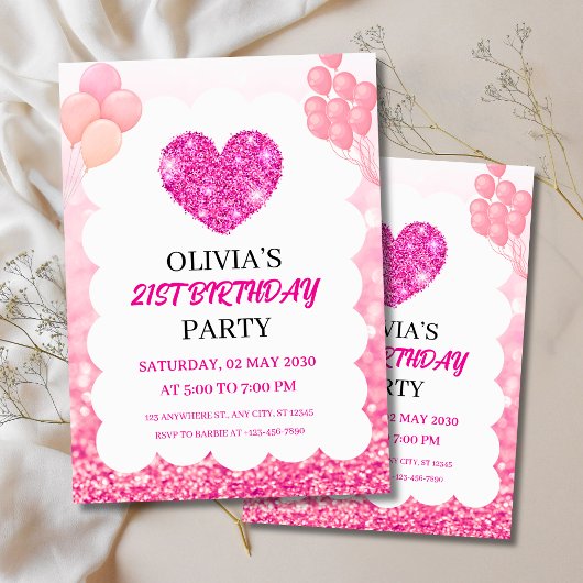 Invitation Pink Glitter & Balloons Birthday Party