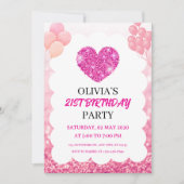 Invitation Pink Glitter & Balloons Birthday Party (Devant)