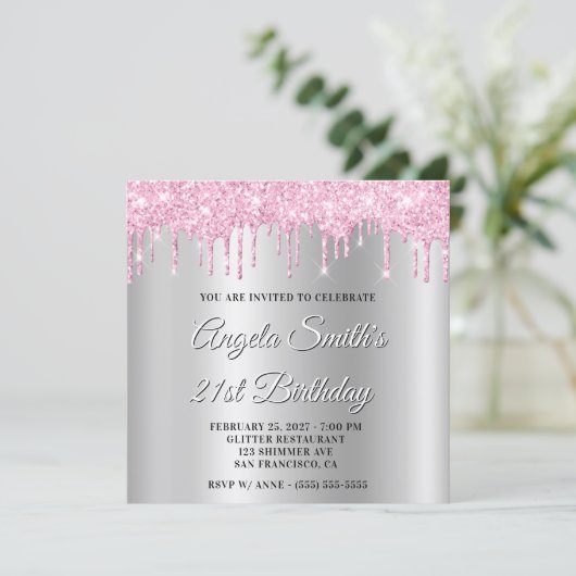 Invitation Pink Glitter Drips Silver Ombre Drop Shadow (Debout devant)