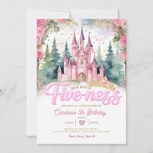 Invitation Pink Glitter Her Royal Five-ness Castle Birthday (Devant)