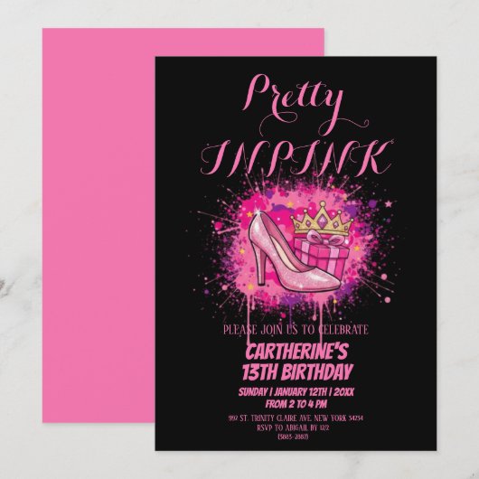 Invitation Pink Glitter Pretty in Pink Birthday Party  (Devant / Derrière)