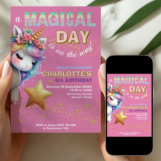 Invitation Pink Glitter rainbow unicorn 4th birthday