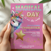 Invitation Pink Glitter rainbow unicorn 4th birthday