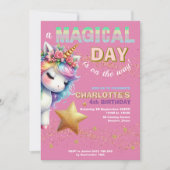 Invitation Pink Glitter rainbow unicorn 4th birthday (Devant)