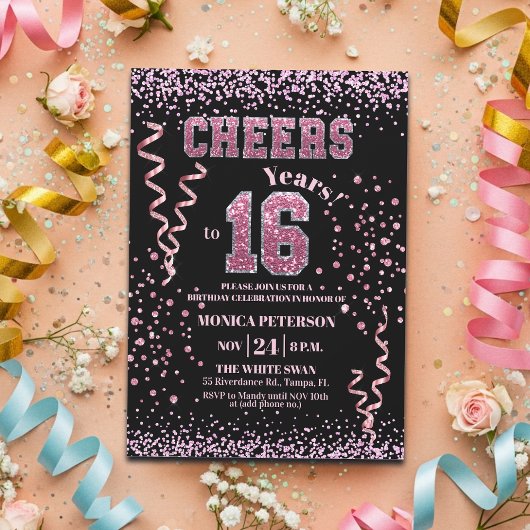 Invitation Pink Glitter Rhinestones 16th Birthday Party 