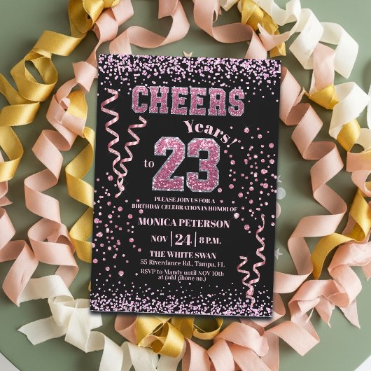 Invitation Pink Glitter Rhinestones 23rd Birthday Party 