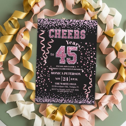 Invitation Pink Glitter Rhinestones 45th Birthday Party