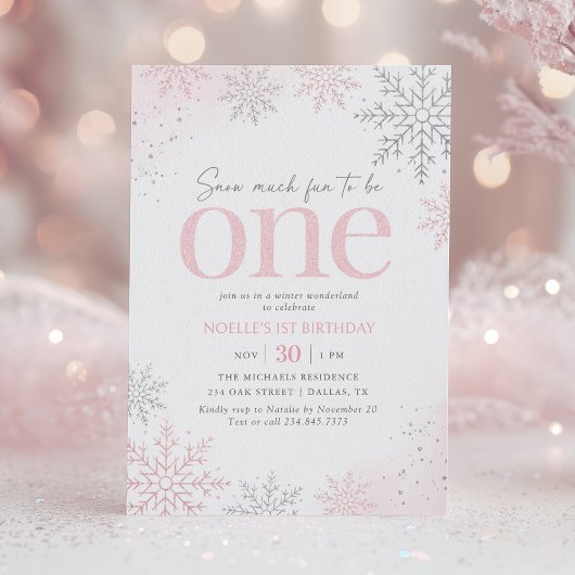 Invitation Pink Glitter Snowflake 1st Birthday
