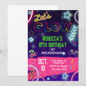 Invitation Pink GLOW Anniversaire Jeux Arcade Party Glow Neon (Devant / Derrière)