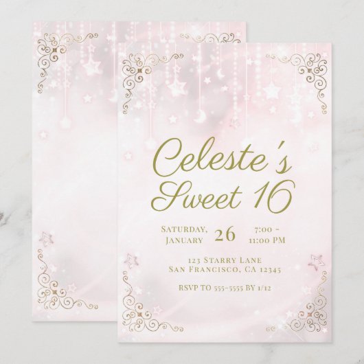 Invitation Pink Glow & Gold Celestial Sparkle Sweet 16 Party (Devant / Derrière)