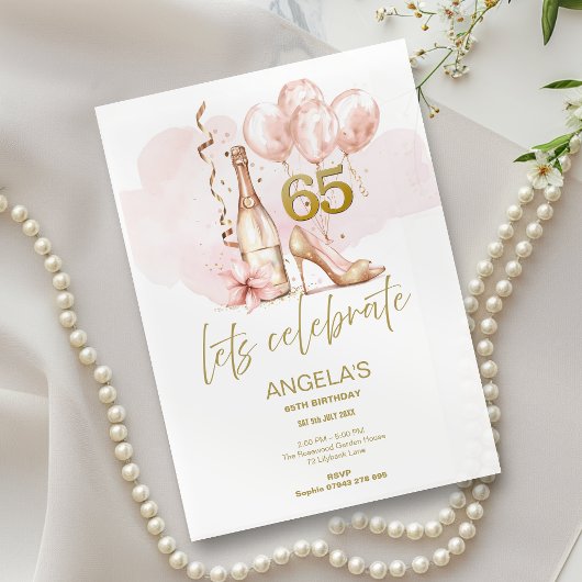Invitation Pink & Gold 65e anniversaire, Champagne & talons