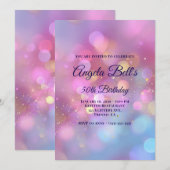 Invitation Pink Gold and Blue Bokeh 50th Birthday (Devant / Derrière)