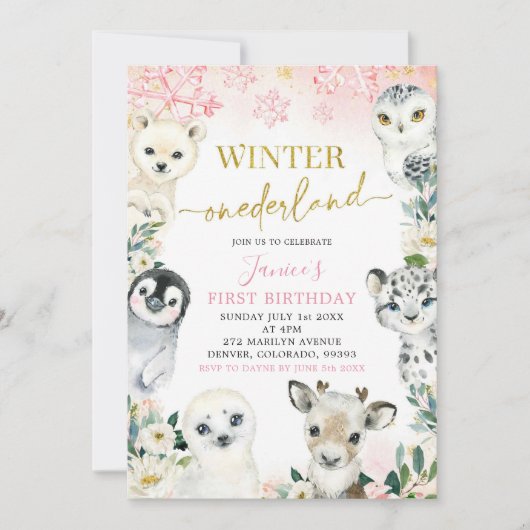 Invitation Pink Gold Arctic Animal Hiver Onederland Premier (Devant)