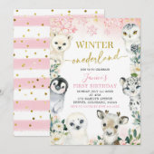 Invitation Pink Gold Arctic Animal Hiver Onederland Premier (Devant / Derrière)