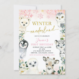 Invitation Pink Gold Arctic Animal Hiver Onederland Premier
