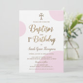 Invitation Pink Gold Arménienne croix fille Baptême 1er anniv (Debout devant)