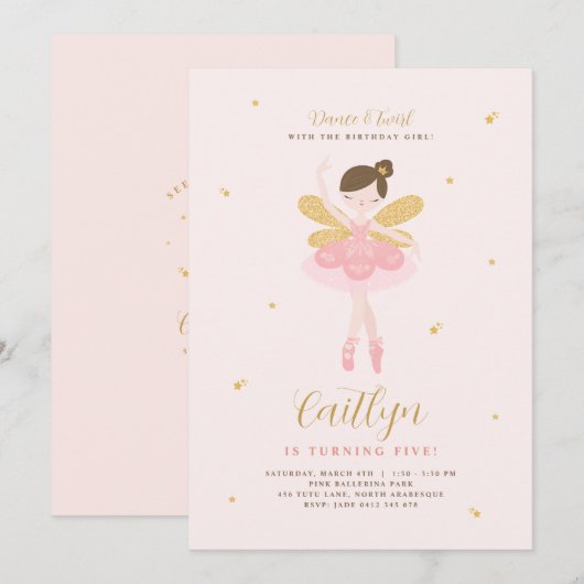 Invitation Pink & Gold Ballerina Fairy Anniversaire Invitatio (Devant / Derrière)