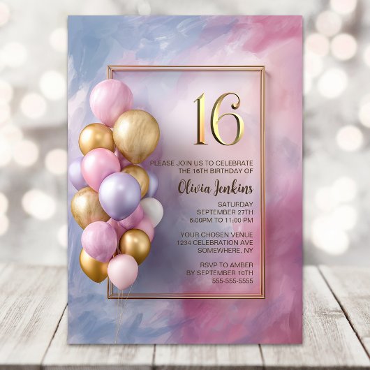 Invitation Pink Gold Balloons 16th Birthday Party