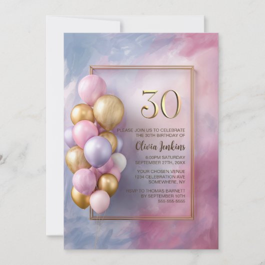 Invitation Pink Gold Balloons 30th Birthday Party (Devant)