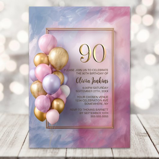 Invitation Pink Gold Balloons 90th Birthday Party
