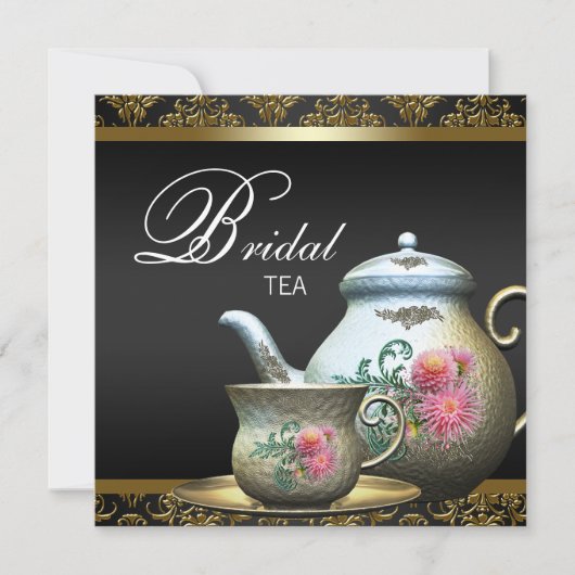 Invitation Pink Gold Black Damask Bridal Tea Douche (Devant)