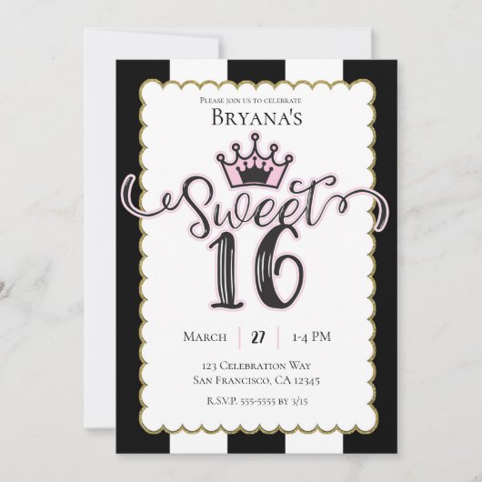 Invitation Pink Gold Black Sweet 16 rayures fête d'anniversai (Devant)