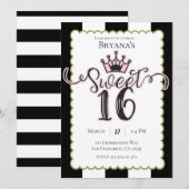 Invitation Pink Gold Black Sweet 16 rayures fête d'anniversai (Devant / Derrière)