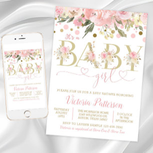 Invitation Pink Gold C'Est Une Fille Aquarelle Baby shower Fl