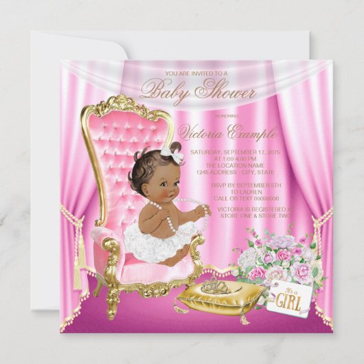 Invitation Pink Gold Chair Ethnic Princess Pearl Baby shower (Devant)