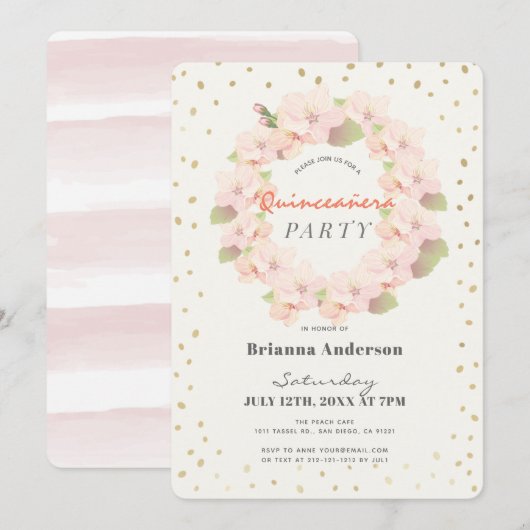 Invitation Pink & Gold Cherry Blossom Wreath Quinceanera (Devant / Derrière)