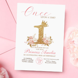 Invitation Pink Gold Couronne Princesse Premier anniversaire