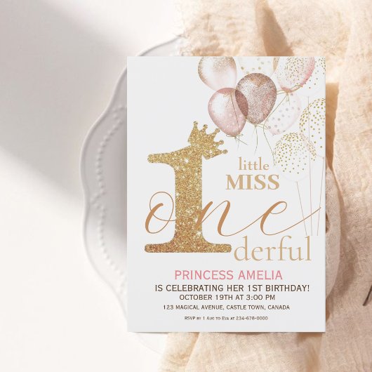 Invitation Pink Gold Couronne Princesse Premier anniversaire