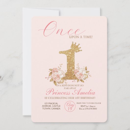 Invitation Pink Gold Couronne Princesse Premier anniversaire (Devant)