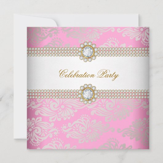 Invitation Pink Gold Cream Diamond Gem Élégant Parti (Devant)