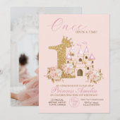 Invitation Pink Gold Crown Castle Princess 1er anniversaire (Devant / Derrière)