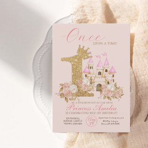 Invitation Pink Gold Crown Castle Princess 1er anniversaire
