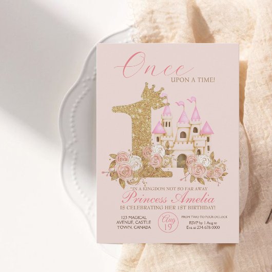 Invitation Pink Gold Crown Castle Princess 1er anniversaire