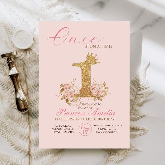 Invitation Pink Gold Crown Princesse 1er anniversaire