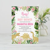 Invitation Pink Gold Dinosaur Baby Shower (Debout devant)