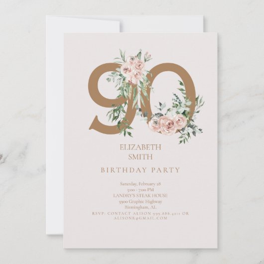 Invitation Pink & Gold Elegant 90e anniversaire de fête Invit (Devant)
