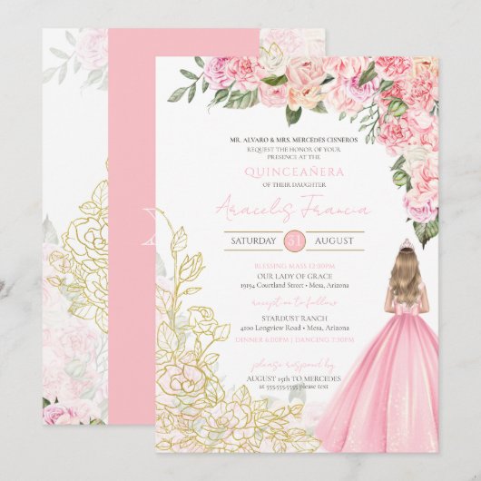 Invitation Pink & Gold Elegant Floral Girly Quinceanera (Devant / Derrière)