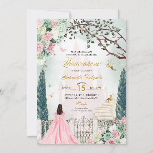 Invitation Pink Gold Fairytale Enchanted Garden Quinceanera (Devant)