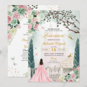 Invitation Pink Gold Fairytale Enchanted Garden Quinceanera (Devant / Derrière)
