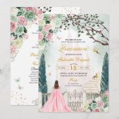 Invitation Pink Gold Fairytale Enchanted Garden Quinceanera (Devant / Derrière)