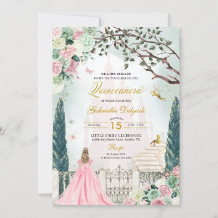Invitation Pink Gold Fairytale Enchanted Garden Quinceanera